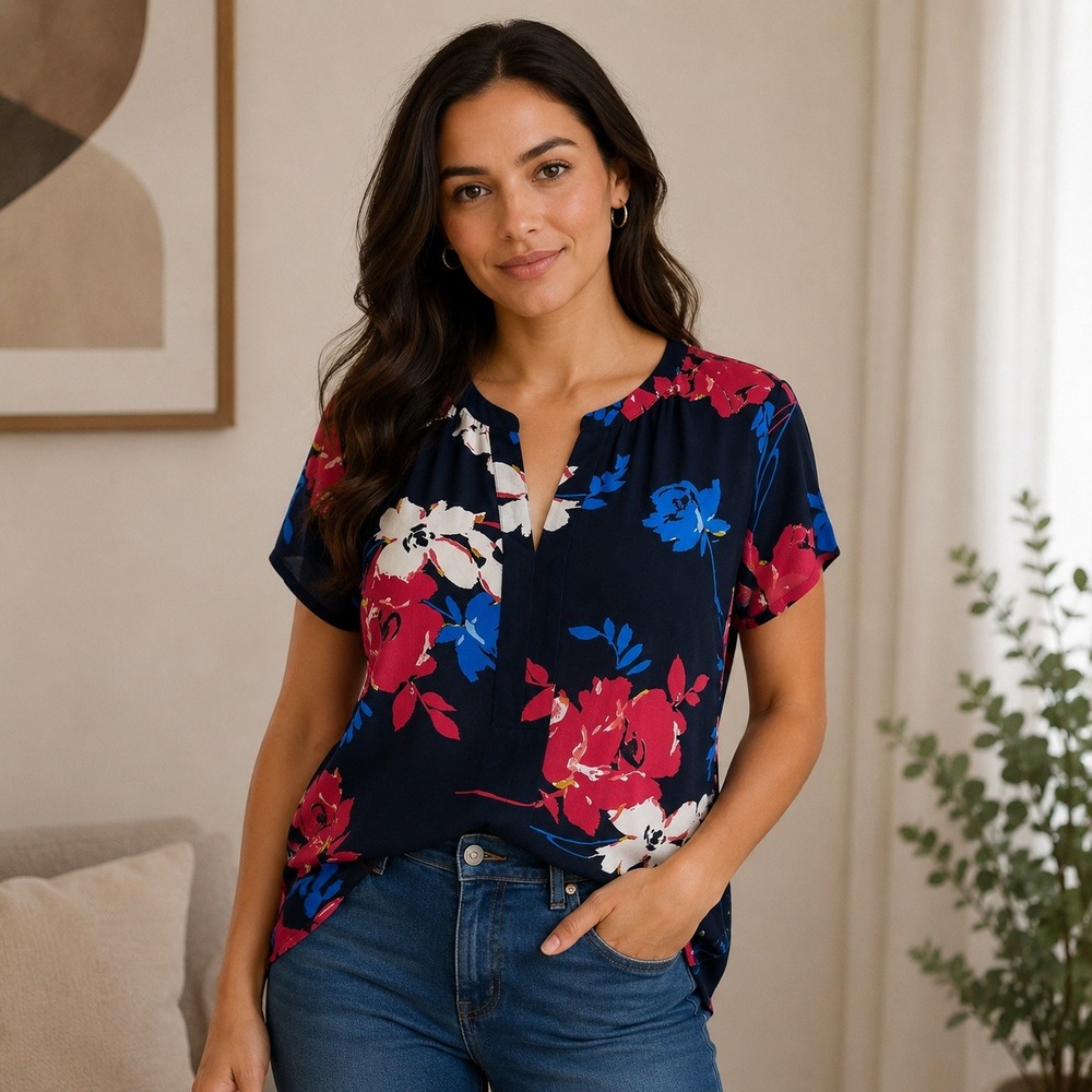 Van Heusen Womens Floral Split Neck Short Sleeve Blouse Navy Blue Pink Large